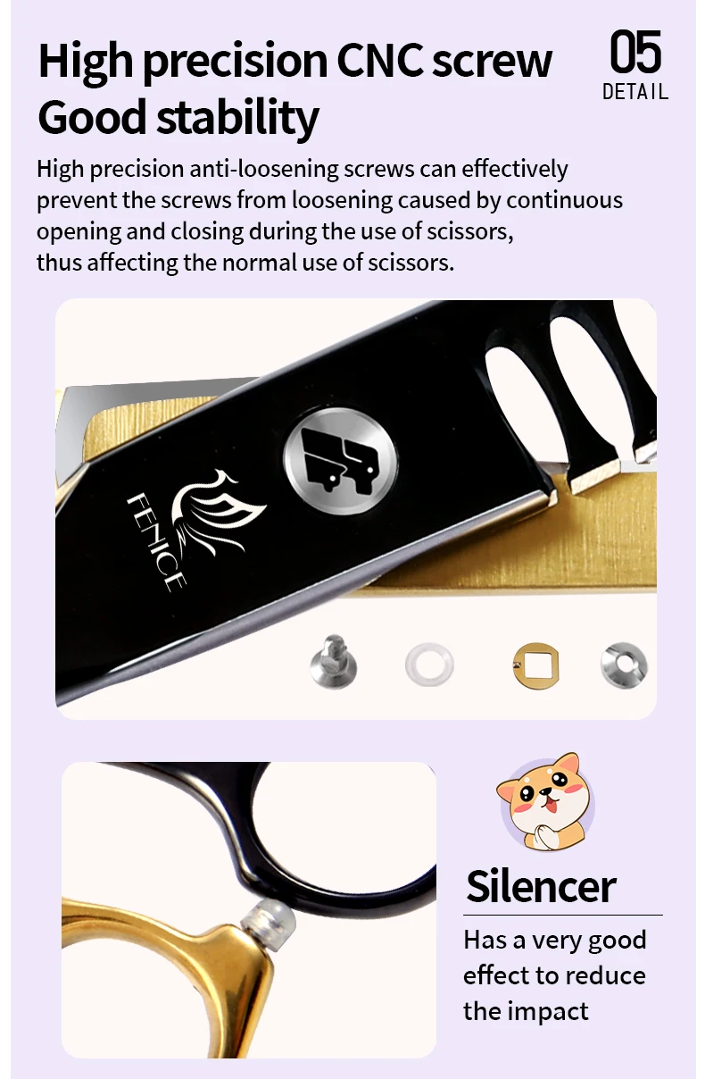 Fenice Professional Black and Gold Two-Color Pet Dogs Grooming Scissors Set for Small Dogs Straight Curved Thinning Shears