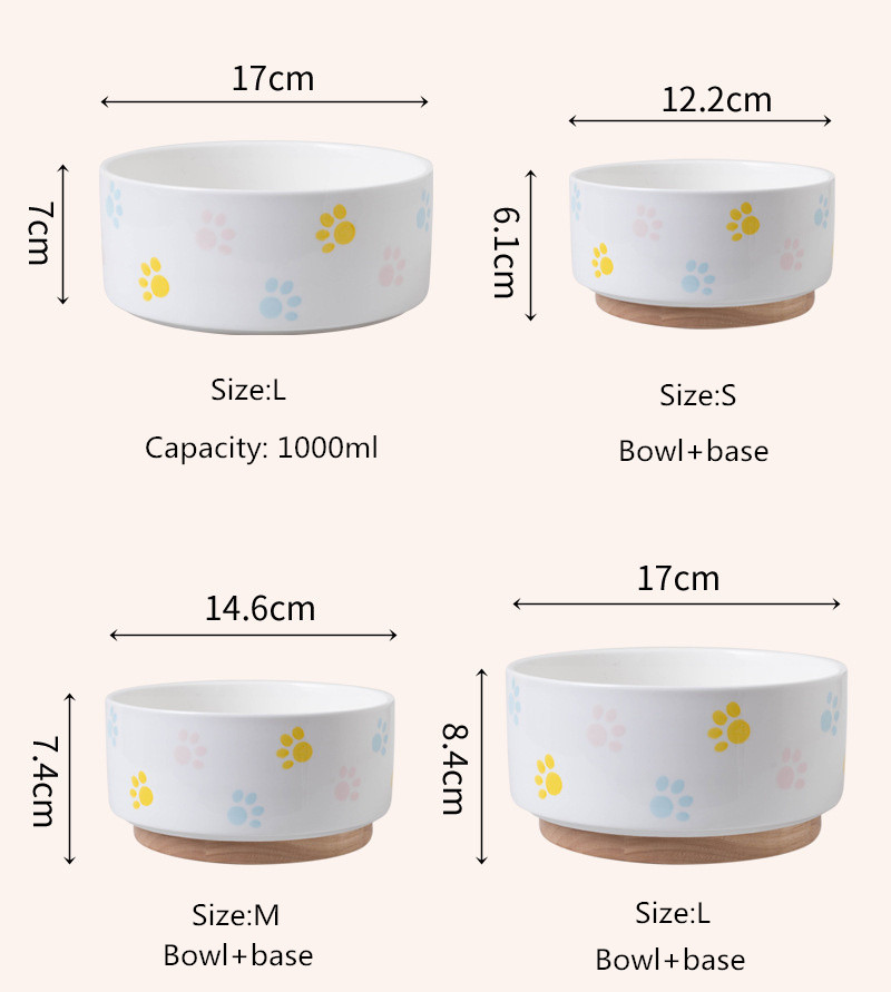 Ceramics Dog Bowl with Wood Mat Wide Mouth Feeding Bowls Food and Water Pet Feeder for Cat Puppy Protecting Cervical Spine
