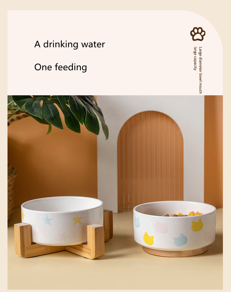 Ceramics Dog Bowl with Wood Mat Wide Mouth Feeding Bowls Food and Water Pet Feeder for Cat Puppy Protecting Cervical Spine