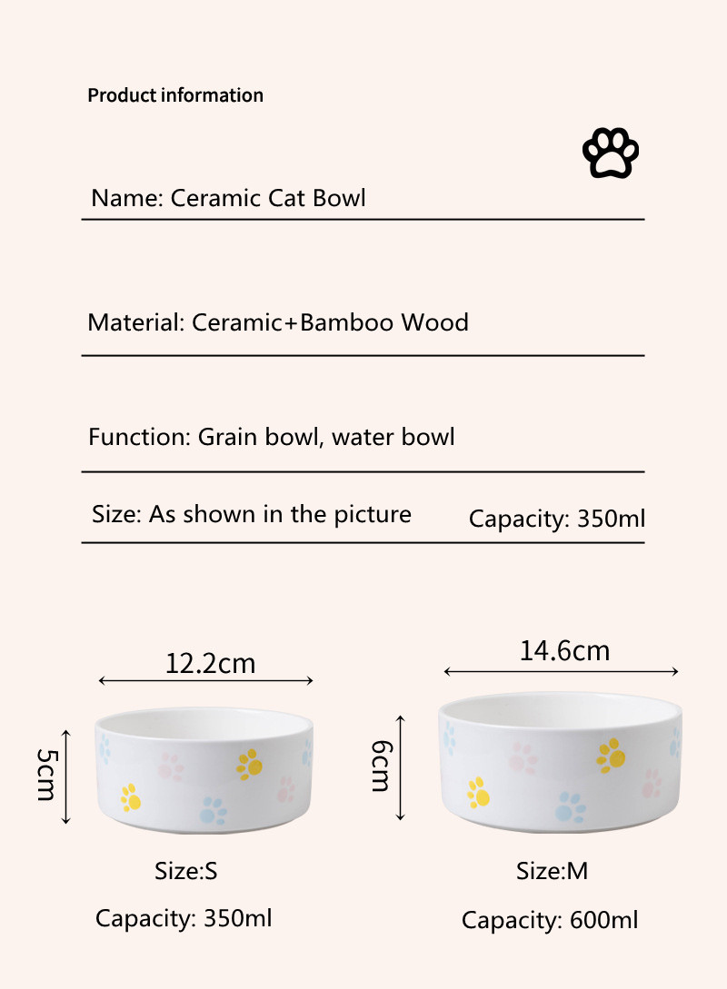 Ceramics Dog Bowl with Wood Mat Wide Mouth Feeding Bowls Food and Water Pet Feeder for Cat Puppy Protecting Cervical Spine