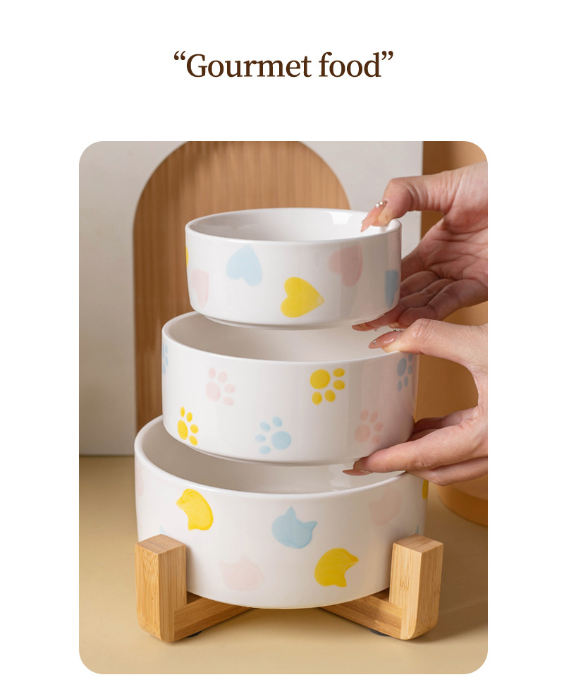 Ceramics Dog Bowl with Wood Mat Wide Mouth Feeding Bowls Food and Water Pet Feeder for Cat Puppy Protecting Cervical Spine