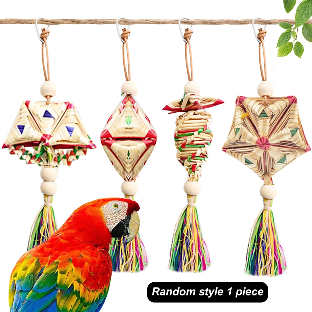 1 Pc Random Style Pet Parrot Bird Chew Toys Handmade Natural Straw Chewing Bite Hanging Cage Bell Swing Climb Playing Pendant