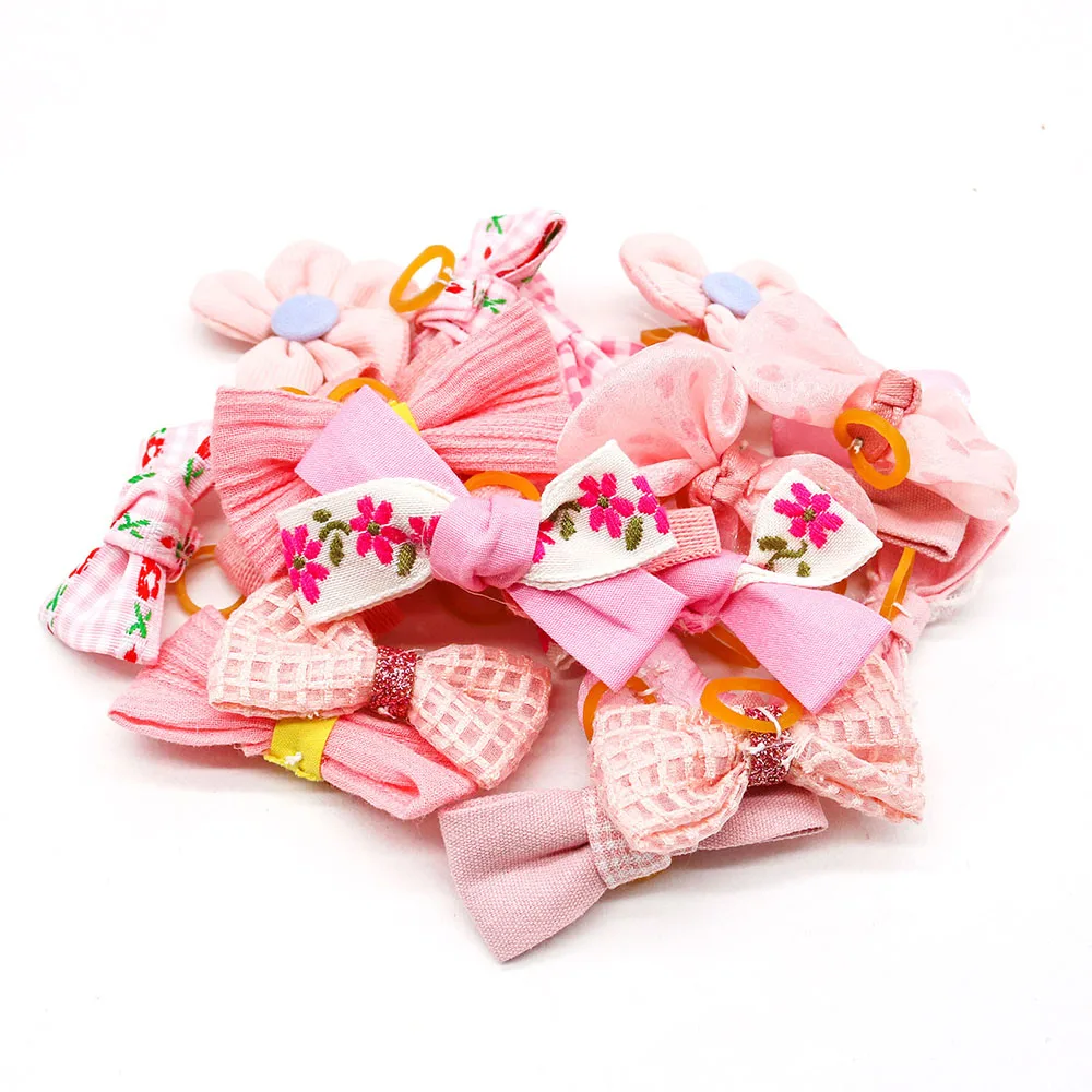 10pcs Pink Style Dog Bowknot Small Dog Hair Bows with Rubber Bands Cat Dog Hair Decorate Pet Grooming Accessories