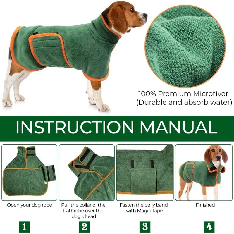 Dog Bathrobe Towel Pet Drying Coat Clothes Adjustable Pet Towel For Large Medium Small Dogs Cat Microfiber Absorbent Beach Towel