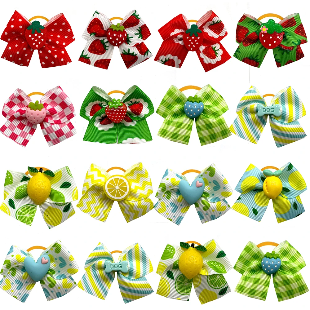 50pcs Small Dog Grooming Bows Strawberry Lemon Style Pet Dog Hair Bows Rubber Bands Dog Hair Accessories Pet Supplies for Dogs