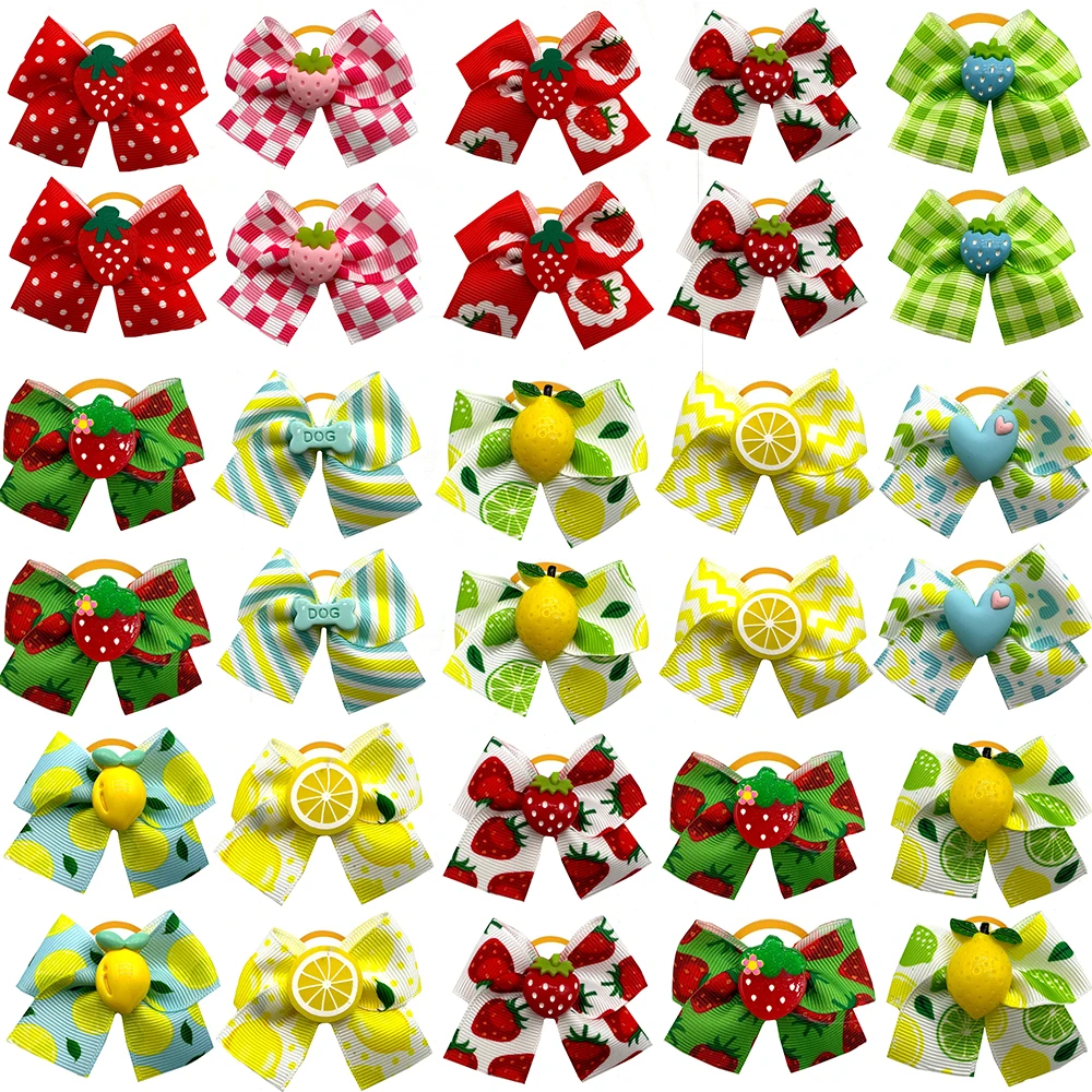 50pcs Small Dog Grooming Bows Strawberry Lemon Style Pet Dog Hair Bows Rubber Bands Dog Hair Accessories Pet Supplies for Dogs
