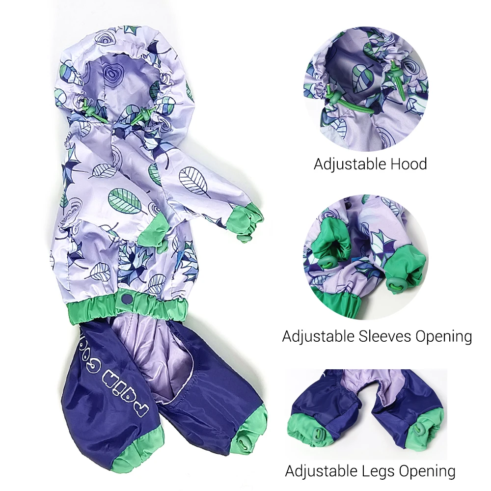Dog Rain Jumpsuit Waterproof Breathable Pet Raincoat for Small Dogs Light Weight Adjustable Hooded Puppy Jacket with Leash Hole