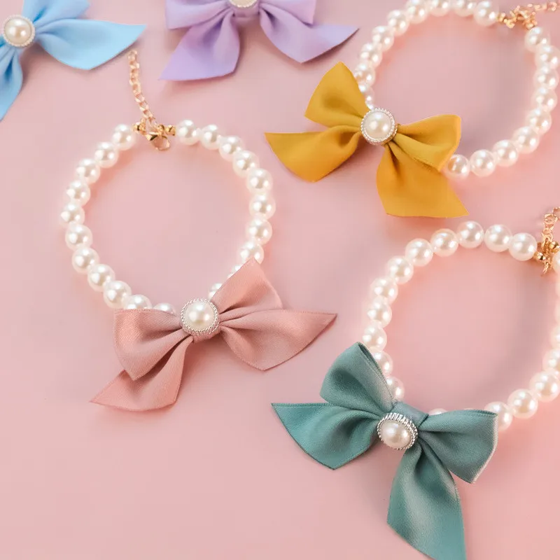 1Pcs New Pet Collar Pearl Bow Necklace Cat Jewelry Cute Collar Puppy Accessories Dog Chain Chihuahua Wedding Jewelry Stuff