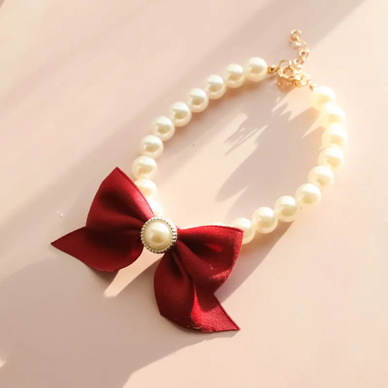 1Pcs New Pet Collar Pearl Bow Necklace Cat Jewelry Cute Collar Puppy Accessories Dog Chain Chihuahua Wedding Jewelry Stuff