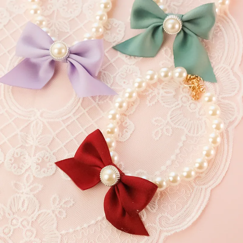 1Pcs New Pet Collar Pearl Bow Necklace Cat Jewelry Cute Collar Puppy Accessories Dog Chain Chihuahua Wedding Jewelry Stuff