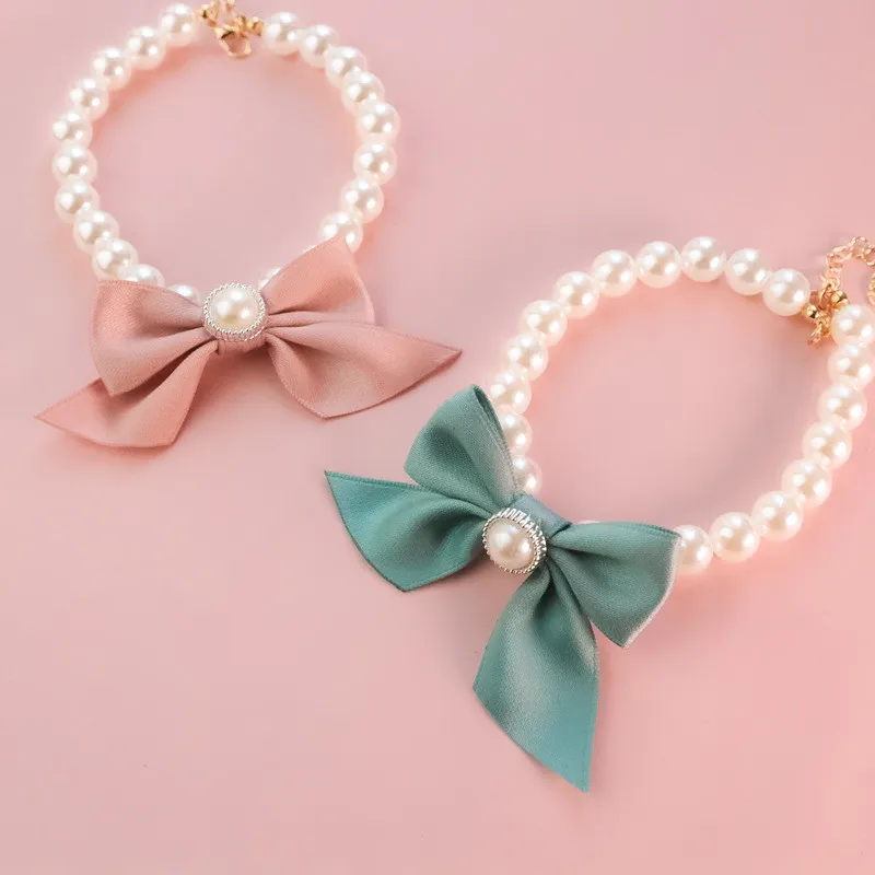 1Pcs New Pet Collar Pearl Bow Necklace Cat Jewelry Cute Collar Puppy Accessories Dog Chain Chihuahua Wedding Jewelry Stuff
