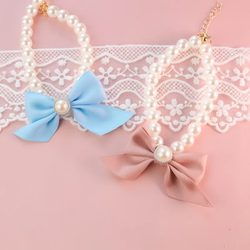 1Pcs New Pet Collar Pearl Bow Necklace Cat Jewelry Cute Collar Puppy Accessories Dog Chain Chihuahua Wedding Jewelry Stuff
