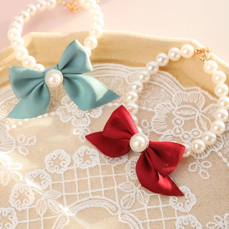 1Pcs New Pet Collar Pearl Bow Necklace Cat Jewelry Cute Collar Puppy Accessories Dog Chain Chihuahua Wedding Jewelry Stuff