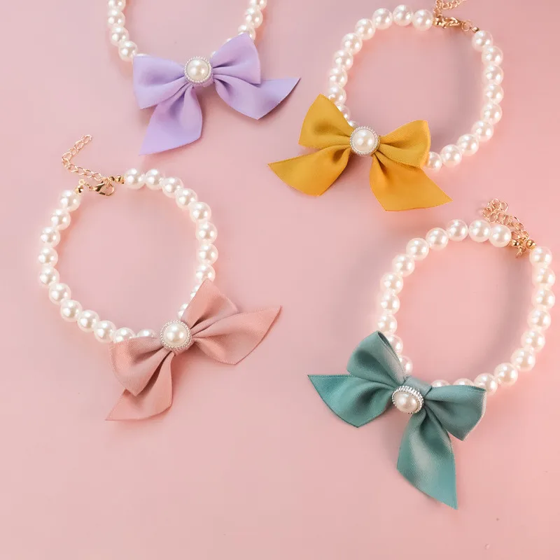 1Pcs New Pet Collar Pearl Bow Necklace Cat Jewelry Cute Collar Puppy Accessories Dog Chain Chihuahua Wedding Jewelry Stuff