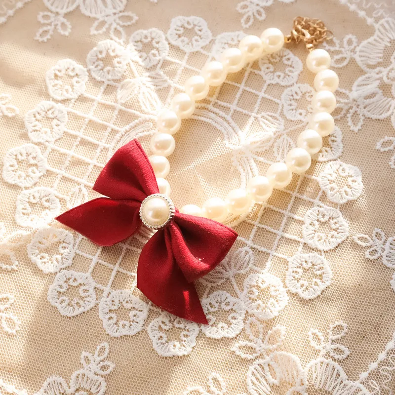 1Pcs New Pet Collar Pearl Bow Necklace Cat Jewelry Cute Collar Puppy Accessories Dog Chain Chihuahua Wedding Jewelry Stuff