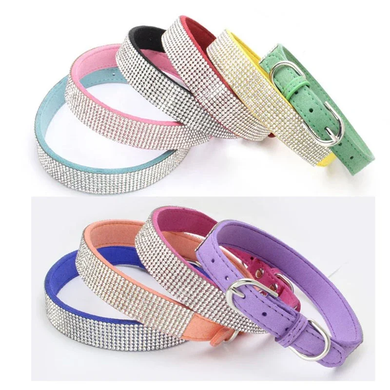 Suede Fiber Crystal Dog Collar Comfortable Glitter Rhinestone Dog Collars Zinc Alloy Buckle Collar for Small Dogs Cats XS-L