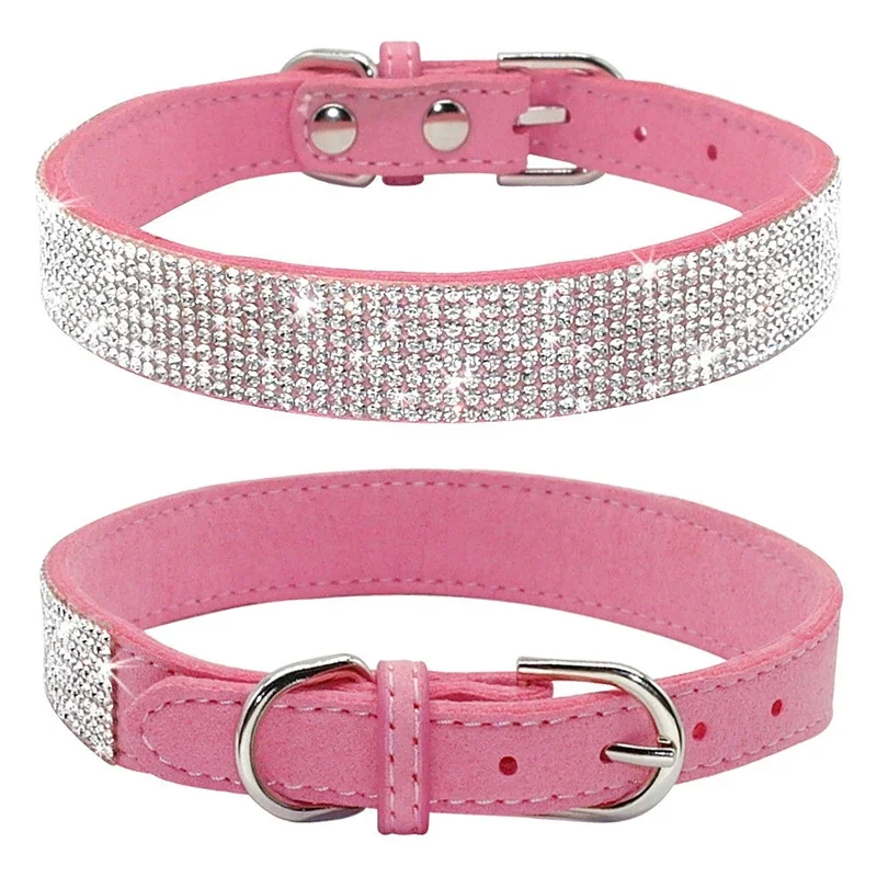 Suede Fiber Crystal Dog Collar Comfortable Glitter Rhinestone Dog Collars Zinc Alloy Buckle Collar for Small Dogs Cats XS-L