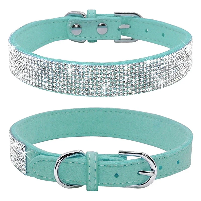 Suede Fiber Crystal Dog Collar Comfortable Glitter Rhinestone Dog Collars Zinc Alloy Buckle Collar for Small Dogs Cats XS-L