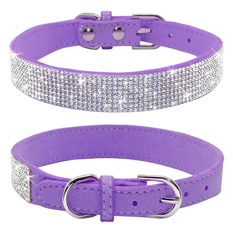 Suede Fiber Crystal Dog Collar Comfortable Glitter Rhinestone Dog Collars Zinc Alloy Buckle Collar for Small Dogs Cats XS-L