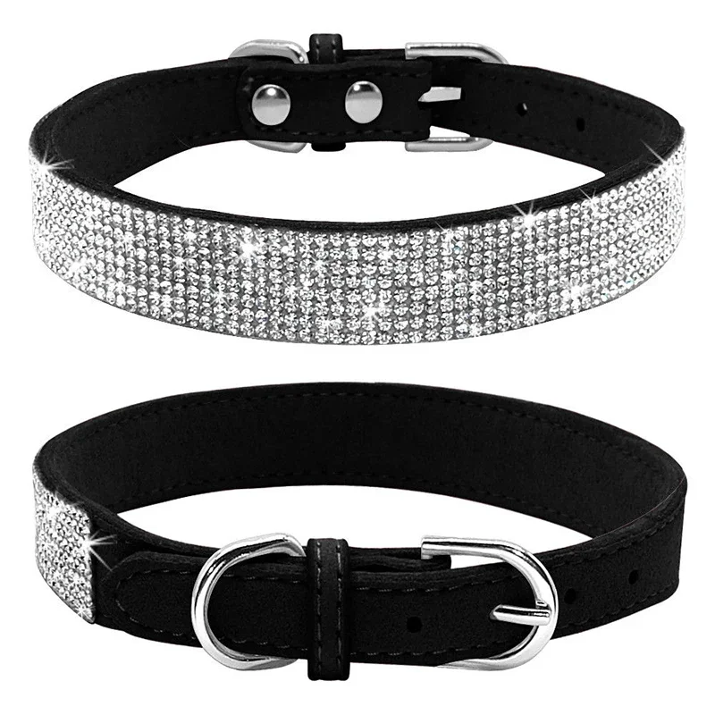 Suede Fiber Crystal Dog Collar Comfortable Glitter Rhinestone Dog Collars Zinc Alloy Buckle Collar for Small Dogs Cats XS-L