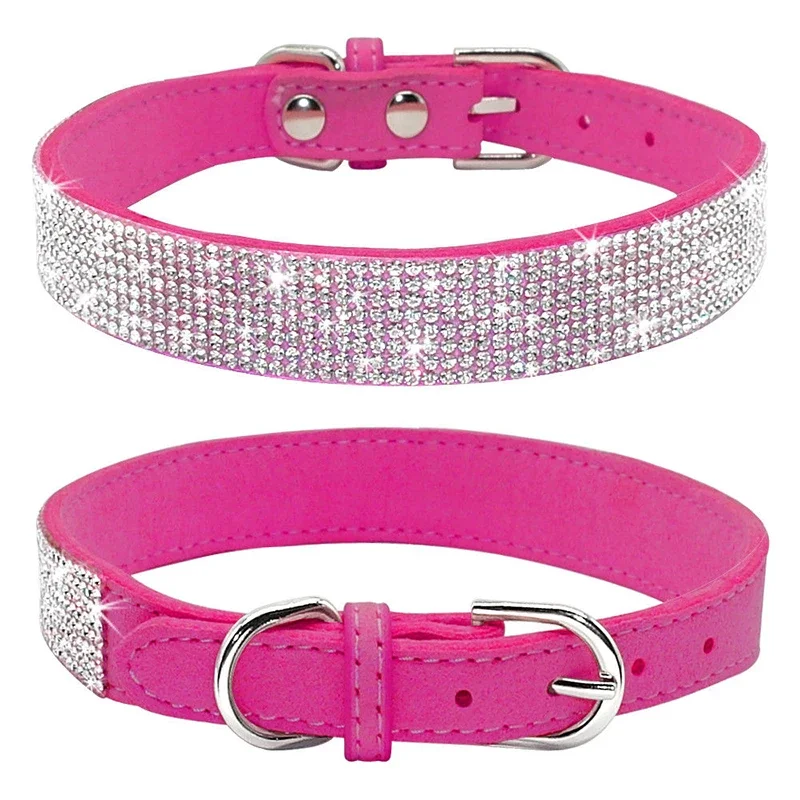Suede Fiber Crystal Dog Collar Comfortable Glitter Rhinestone Dog Collars Zinc Alloy Buckle Collar for Small Dogs Cats XS-L