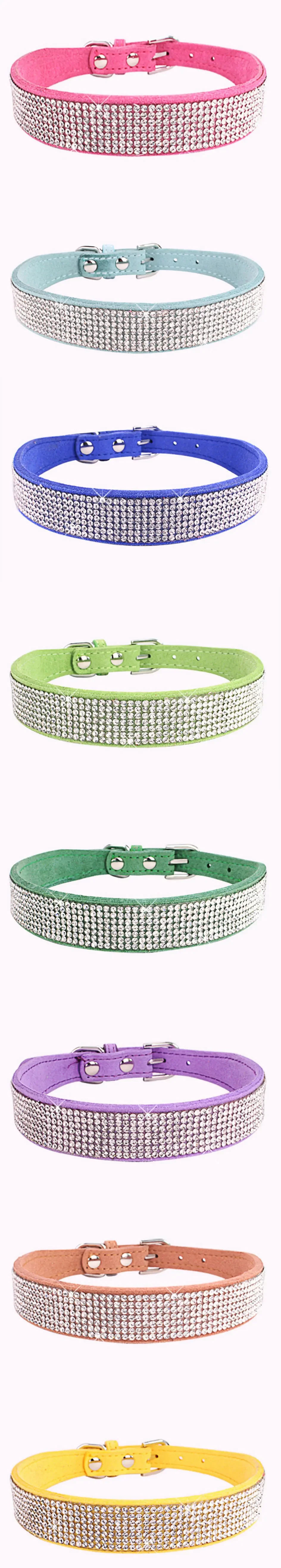 Suede Fiber Crystal Dog Collar Comfortable Glitter Rhinestone Dog Collars Zinc Alloy Buckle Collar for Small Dogs Cats XS-L