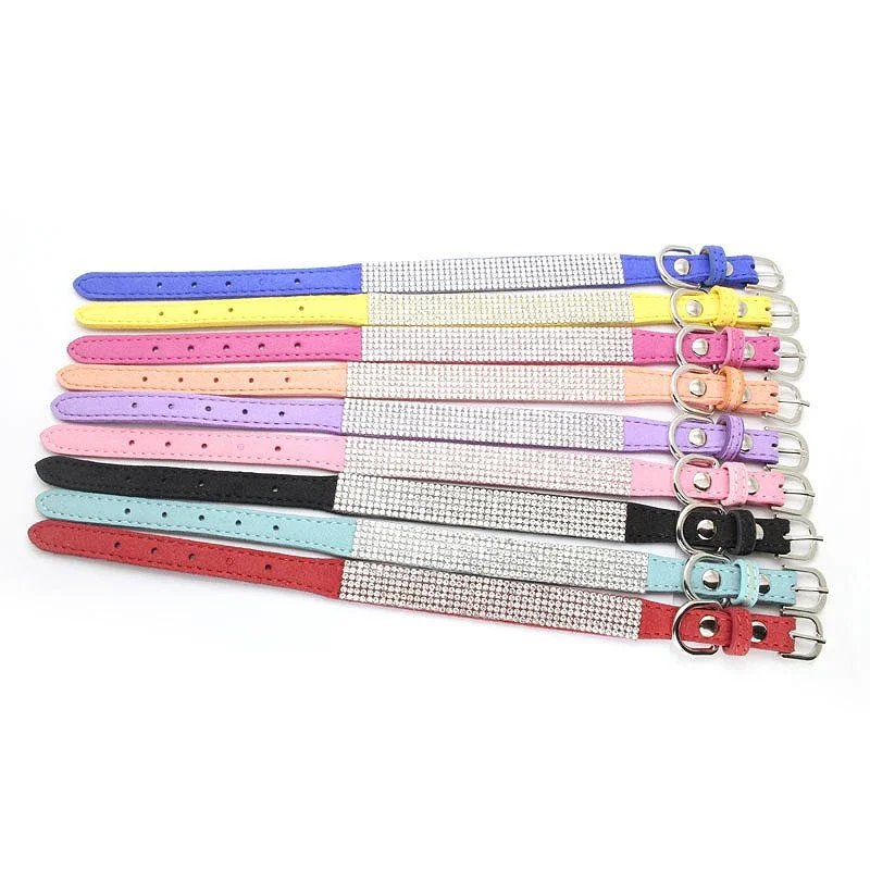 Suede Fiber Crystal Dog Collar Comfortable Glitter Rhinestone Dog Collars Zinc Alloy Buckle Collar for Small Dogs Cats XS-L