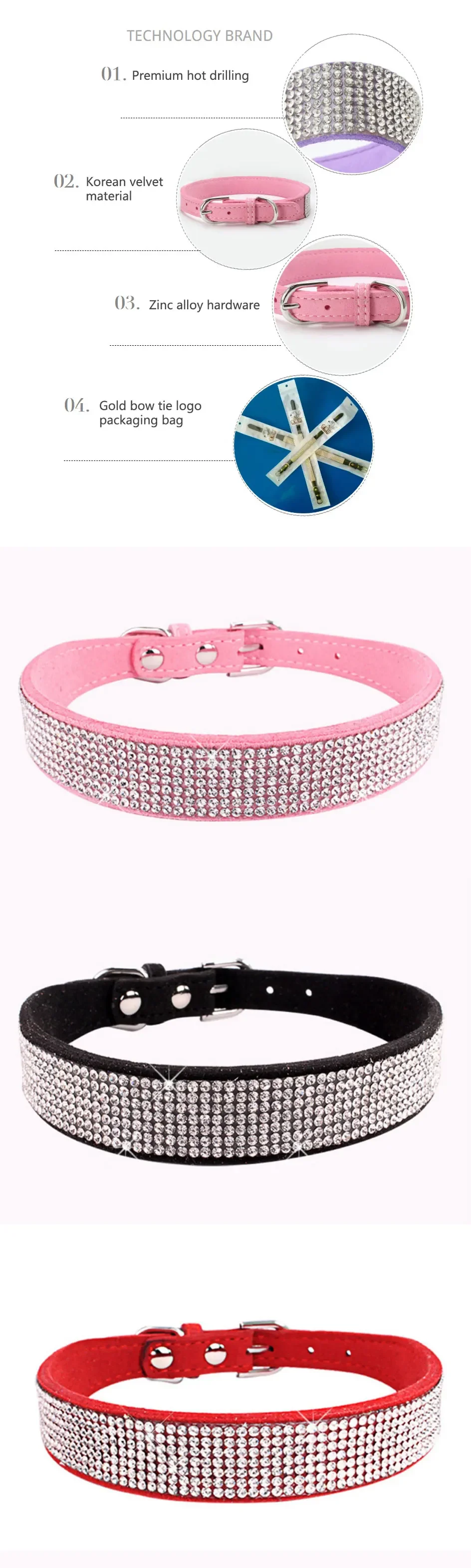 Suede Fiber Crystal Dog Collar Comfortable Glitter Rhinestone Dog Collars Zinc Alloy Buckle Collar for Small Dogs Cats XS-L