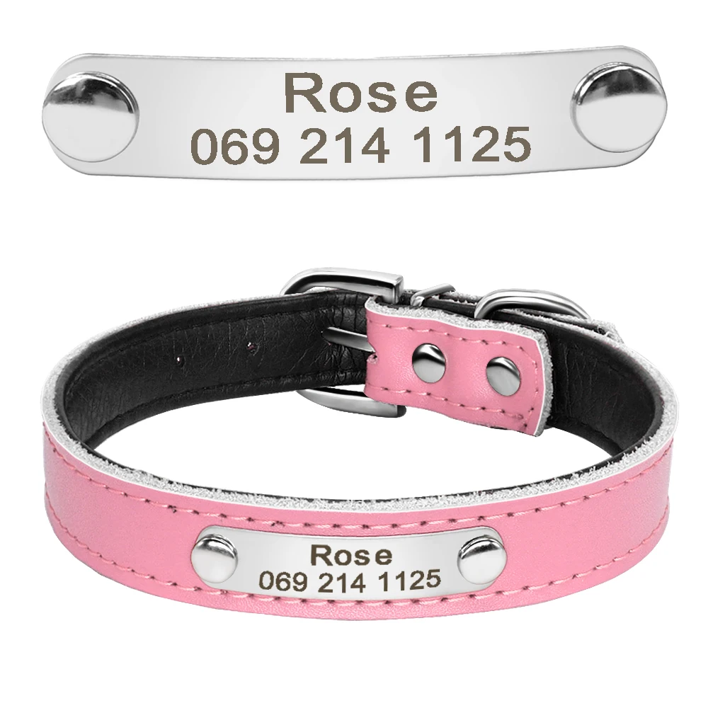 Personalized Dog Collar PU Leather Puppy Dogs Collars Free Custom Pet Neckace Engraved Name ID For Small Medium Dogs Cats Pink