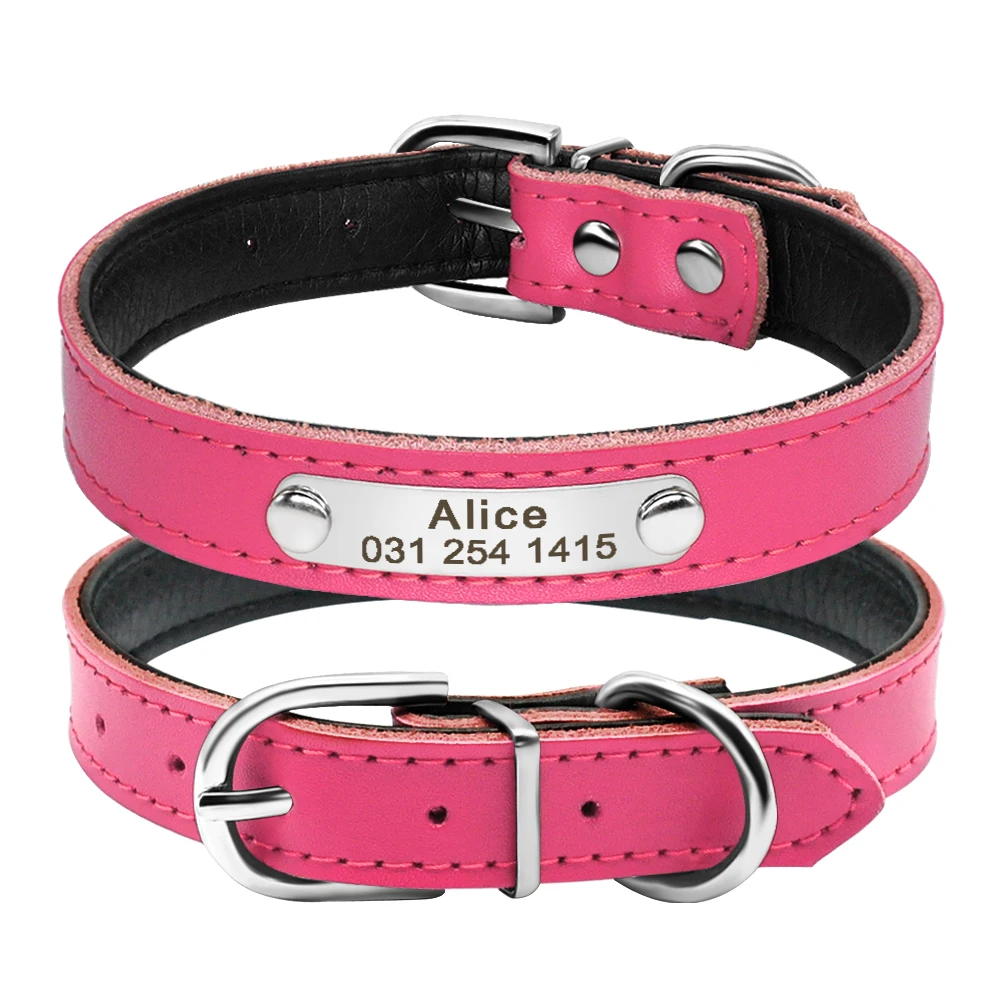 Personalized Dog Collar PU Leather Puppy Dogs Collars Free Custom Pet Neckace Engraved Name ID For Small Medium Dogs Cats Pink