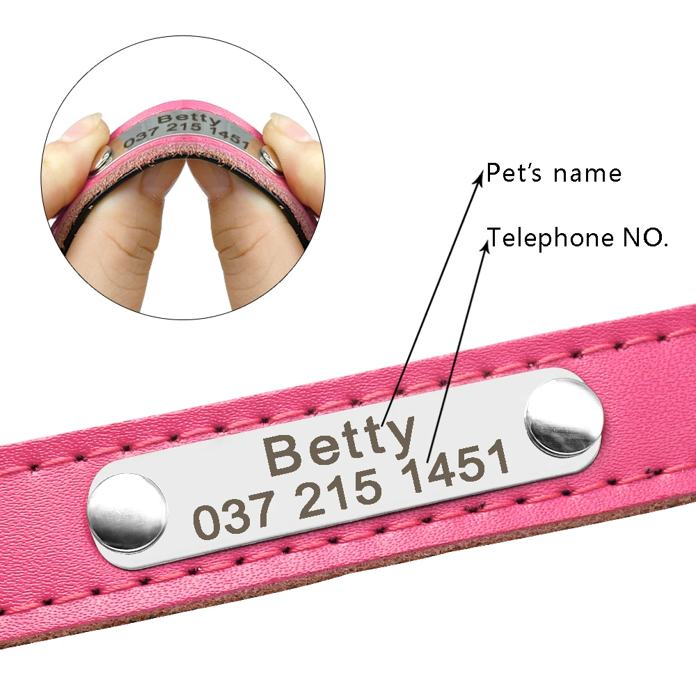 Personalized Dog Collar PU Leather Puppy Dogs Collars Free Custom Pet Neckace Engraved Name ID For Small Medium Dogs Cats Pink