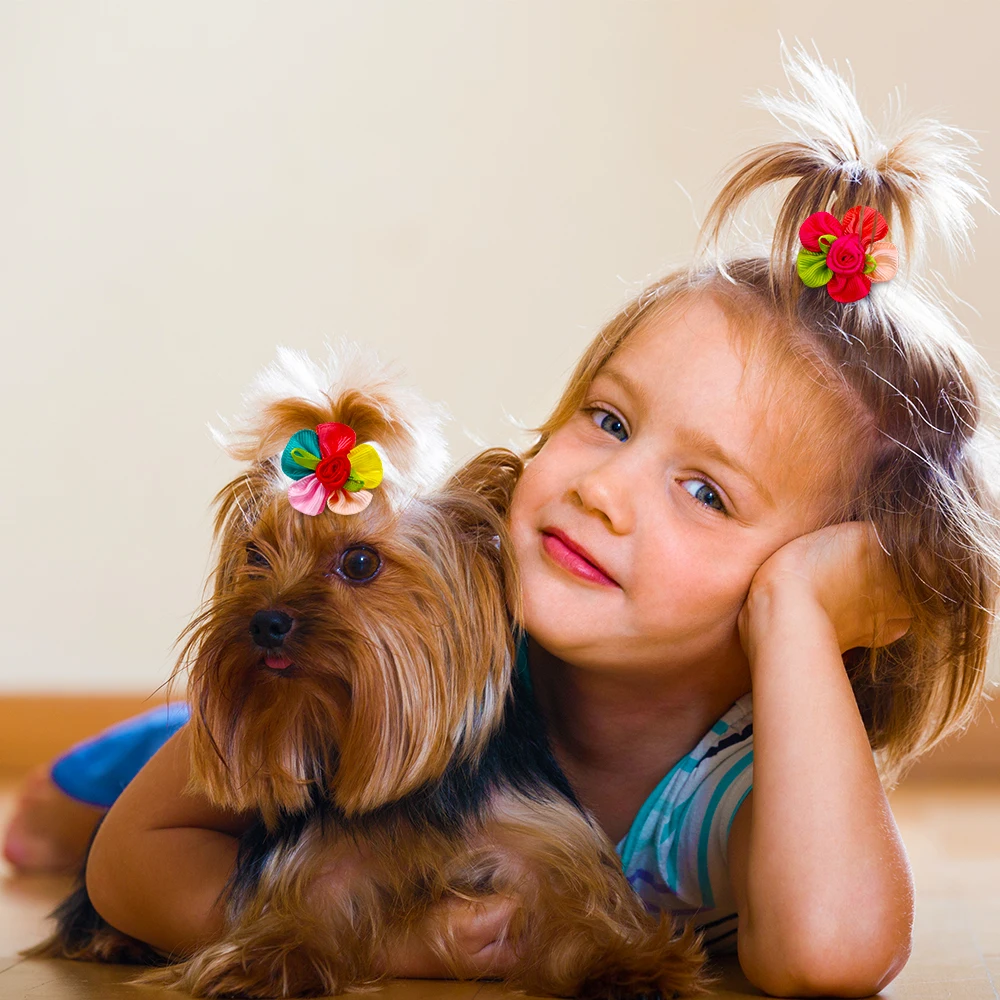 20PCS Cute Handmade Puppy Dog Hair Bows Pet Dog Hair Accessories Flower Bows Dog Grooming Bows for Small Dogs Pet Products
