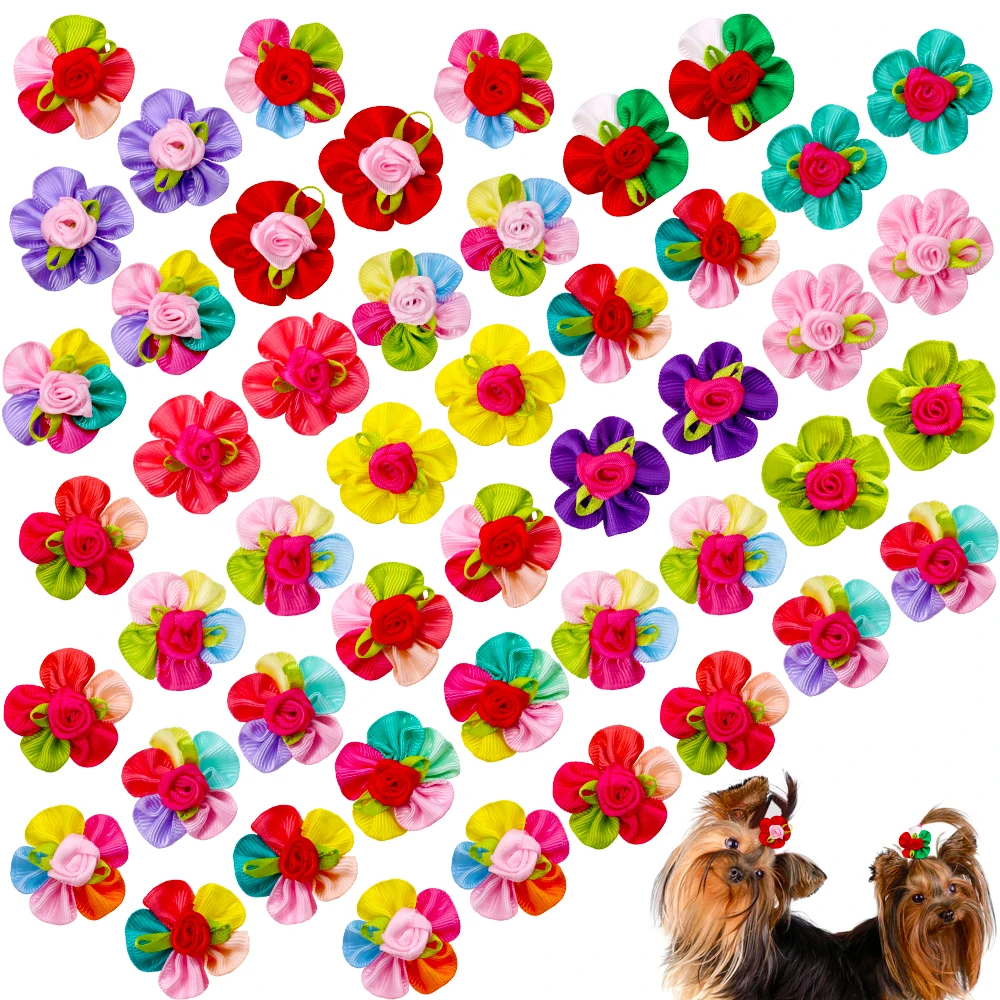 20PCS Cute Handmade Puppy Dog Hair Bows Pet Dog Hair Accessories Flower Bows Dog Grooming Bows for Small Dogs Pet Products