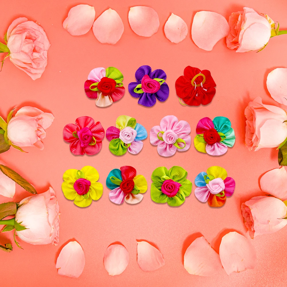20PCS Cute Handmade Puppy Dog Hair Bows Pet Dog Hair Accessories Flower Bows Dog Grooming Bows for Small Dogs Pet Products