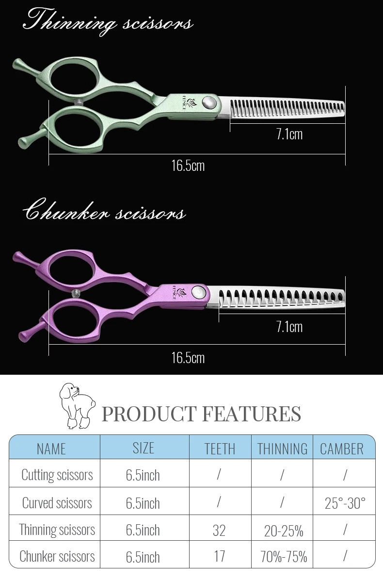 Fenice 6.5 Inch Professional Dog Grooming Scissors Set Kits Straight&Thinner&Curved Grooming Shears Tool Set Tesoura Wmark