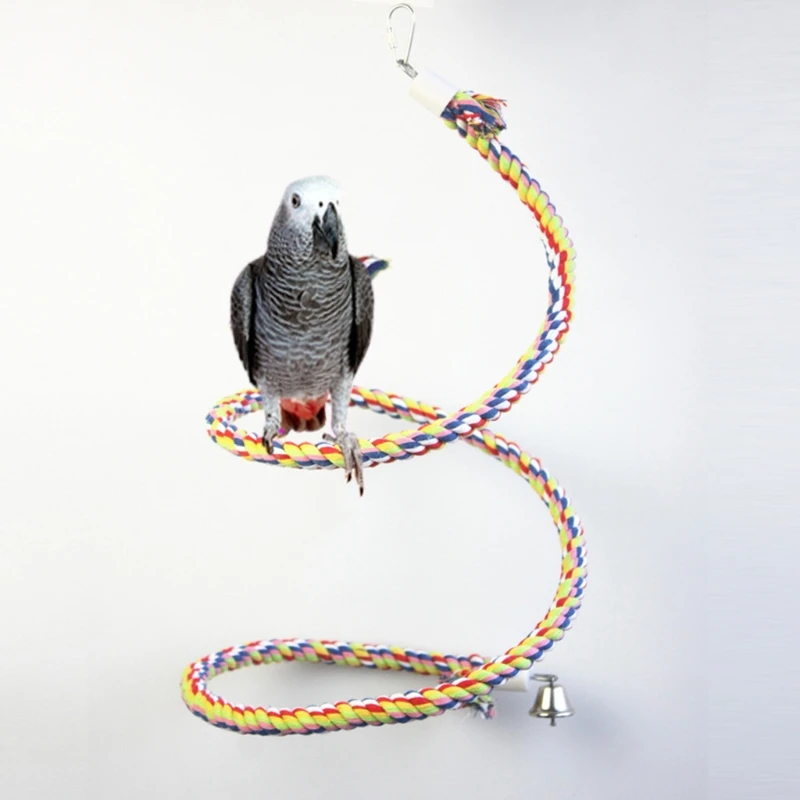 Bird Spiral-Rope Perch Cotton Rope with Bell Cage Hanging Swing Parrot Bungee Toy for Chewing Climbing Size 0.6” X Drop