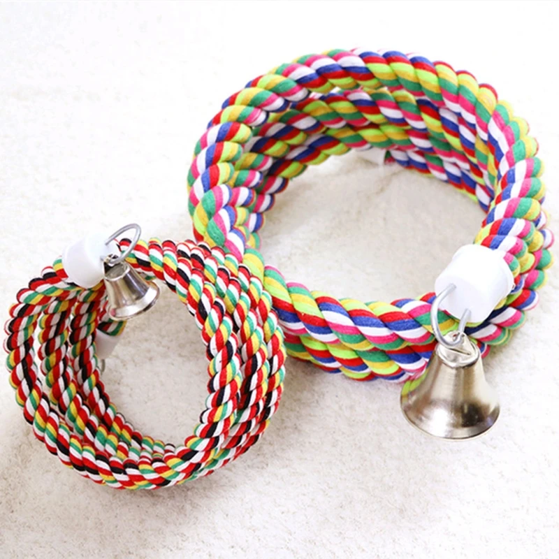 Bird Spiral-Rope Perch Cotton Rope with Bell Cage Hanging Swing Parrot Bungee Toy for Chewing Climbing Size 0.6” X Drop