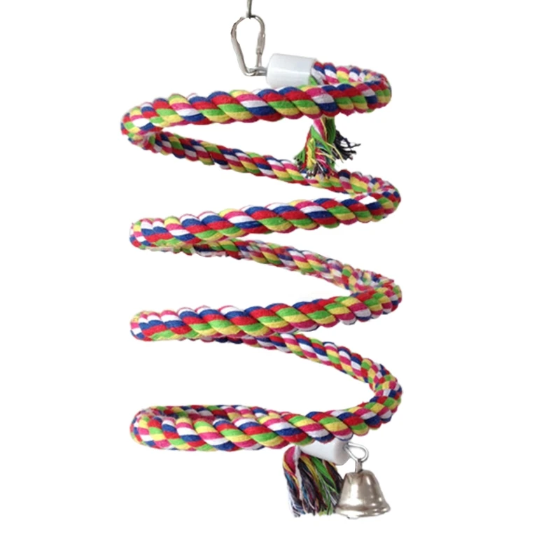 Bird Spiral-Rope Perch Cotton Rope with Bell Cage Hanging Swing Parrot Bungee Toy for Chewing Climbing Size 0.6” X Drop