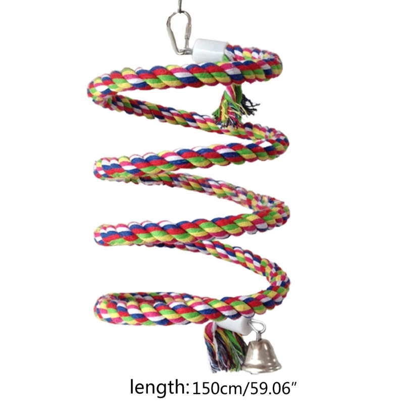 Bird Spiral-Rope Perch Cotton Rope with Bell Cage Hanging Swing Parrot Bungee Toy for Chewing Climbing Size 0.6” X Drop
