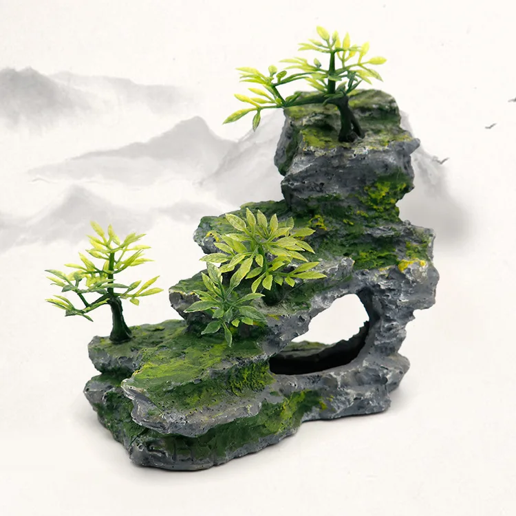 Rockery Mountain Resin Aquarium Landscape View Decoration Hill Hanging Bridge View Ornament Resin Fish Tank Decoration Large