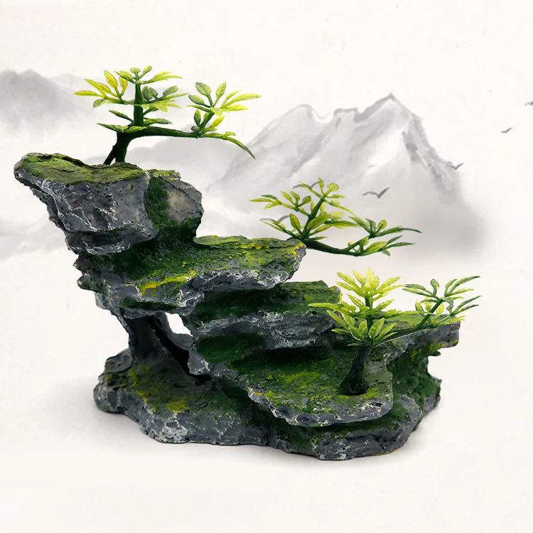 Rockery Mountain Resin Aquarium Landscape View Decoration Hill Hanging Bridge View Ornament Resin Fish Tank Decoration Large