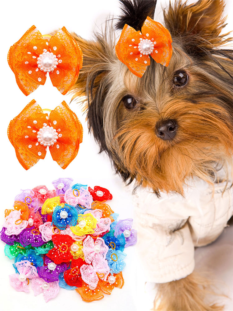100pcs Bulk Pet Dog Hair Accessories Dog Hair Bows with Diomand Lace Rubber Band Grooming for Small Dogs Puppy Bows Pet Supplies