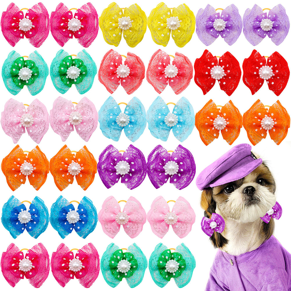 100pcs Bulk Pet Dog Hair Accessories Dog Hair Bows with Diomand Lace Rubber Band Grooming for Small Dogs Puppy Bows Pet Supplies