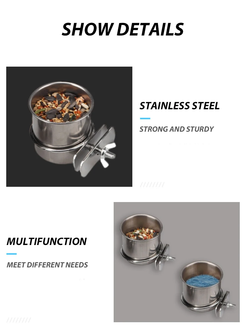 1PC Parrot Feeding Bowl With Clamp Holder Stainless Steel Pet Birds Food Dish Parrots Cage Accessories Drinking Feeder
