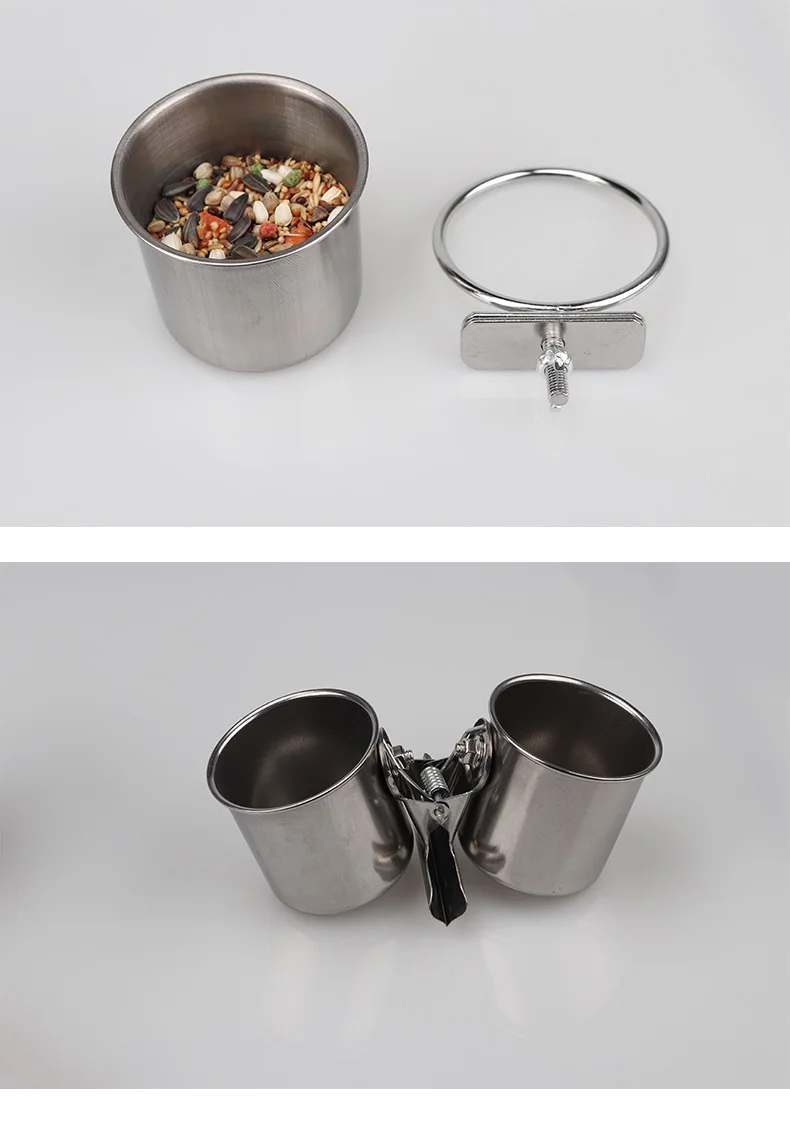 1PC Parrot Feeding Bowl With Clamp Holder Stainless Steel Pet Birds Food Dish Parrots Cage Accessories Drinking Feeder