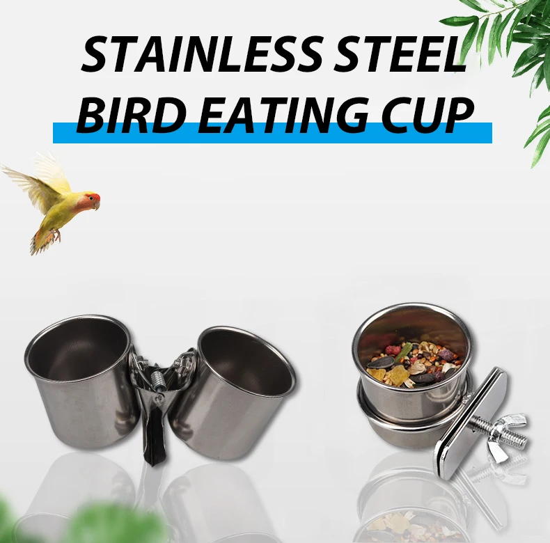 1PC Parrot Feeding Bowl With Clamp Holder Stainless Steel Pet Birds Food Dish Parrots Cage Accessories Drinking Feeder