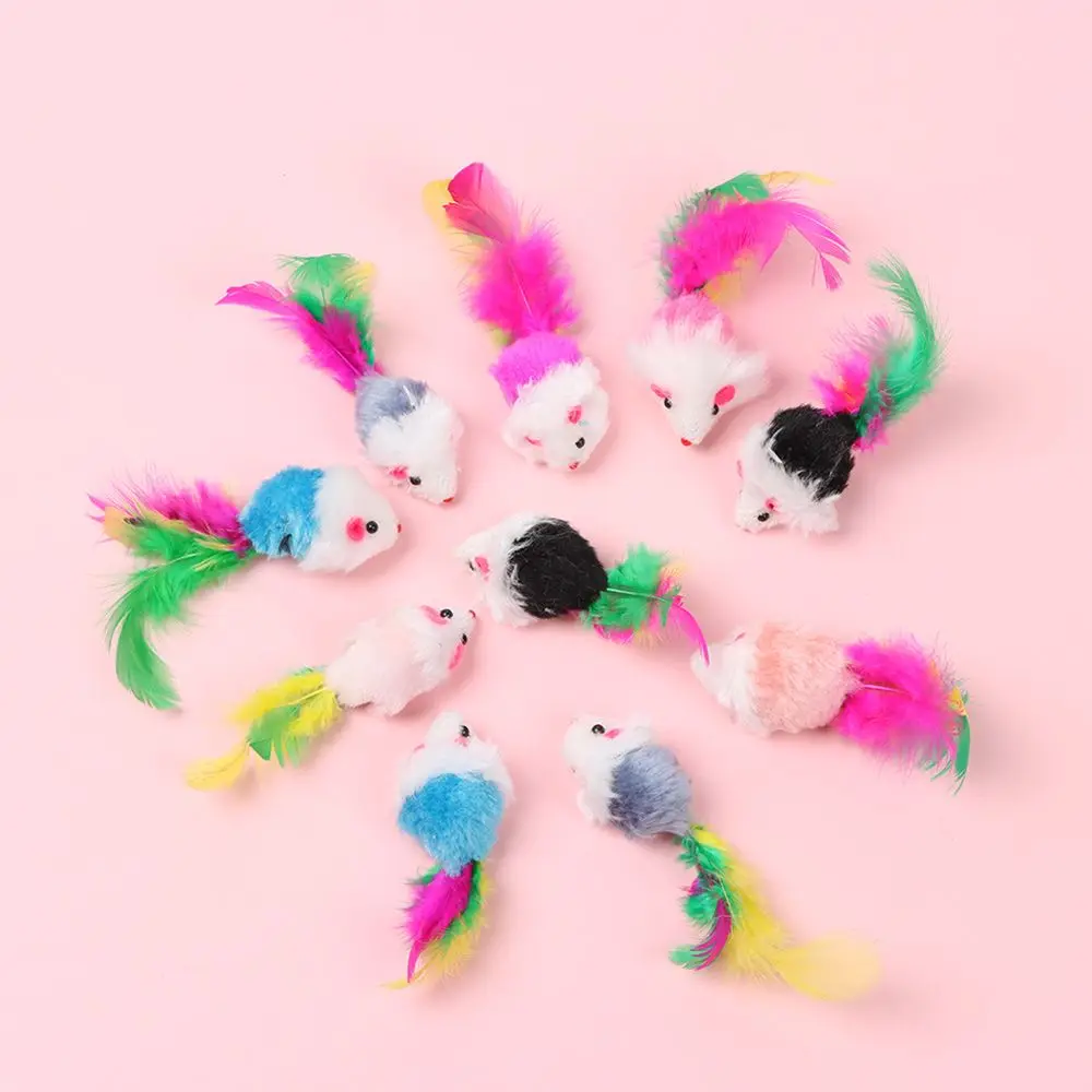 10Pcs Cat Mouse Toys Cat Toy Mice Rattle Set Interactive Cat Toy for Indoor Cats Kittens Assorted Color Toys with Feather Tail