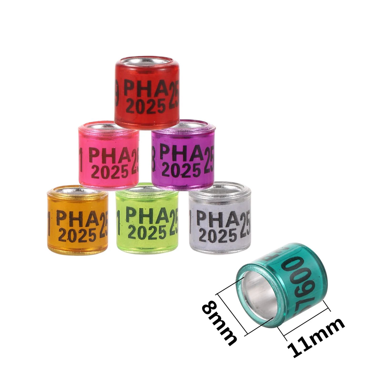 PHA 2026/2027 Pigeon Foot Ring Inner Diameter 8mm with Number Aluminum Plastic Bird Foot Ring Multicolor Bird Accessories 100Pcs