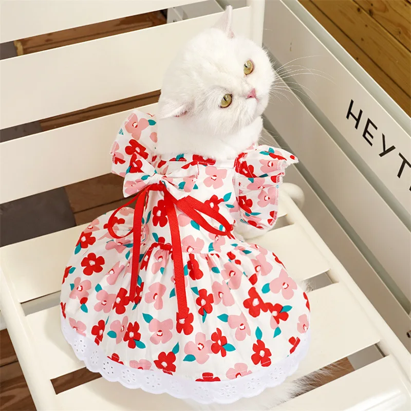 Summer Pet Dress Floral Pattern Plaid Skirts Cat Princess Dresses Chihuahua Yorkie Sweet Skirts Puppy Dog Costume Pet Supplies