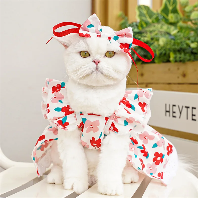 Summer Pet Dress Floral Pattern Plaid Skirts Cat Princess Dresses Chihuahua Yorkie Sweet Skirts Puppy Dog Costume Pet Supplies